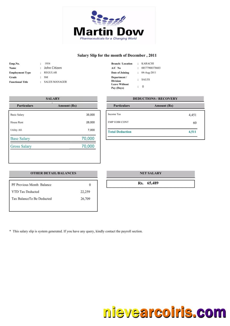 PAKISTAN MARTIN Dow paystlip
